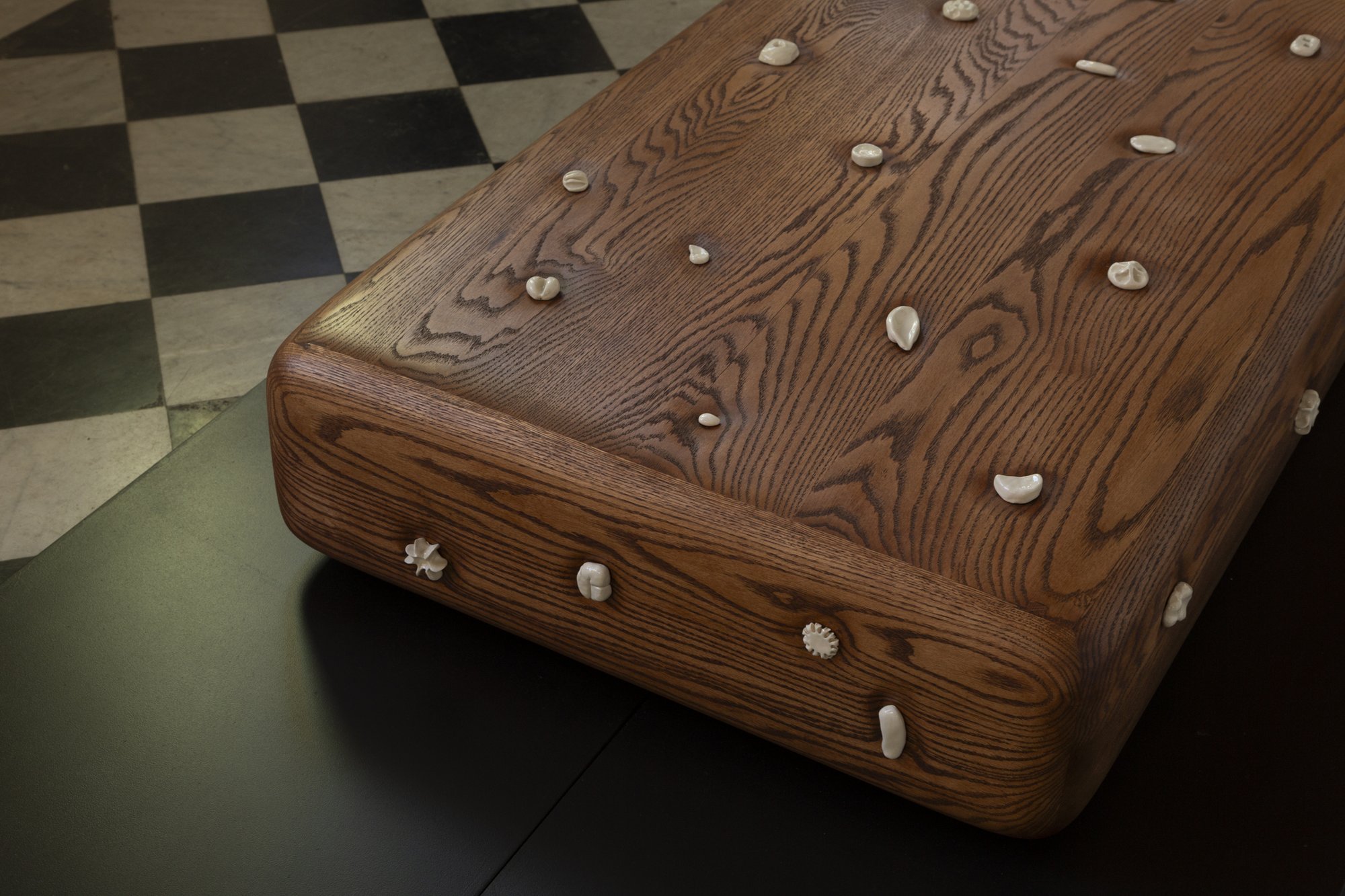 Softly Settled Coffee Table in walnut stained oak with ceramic charms
